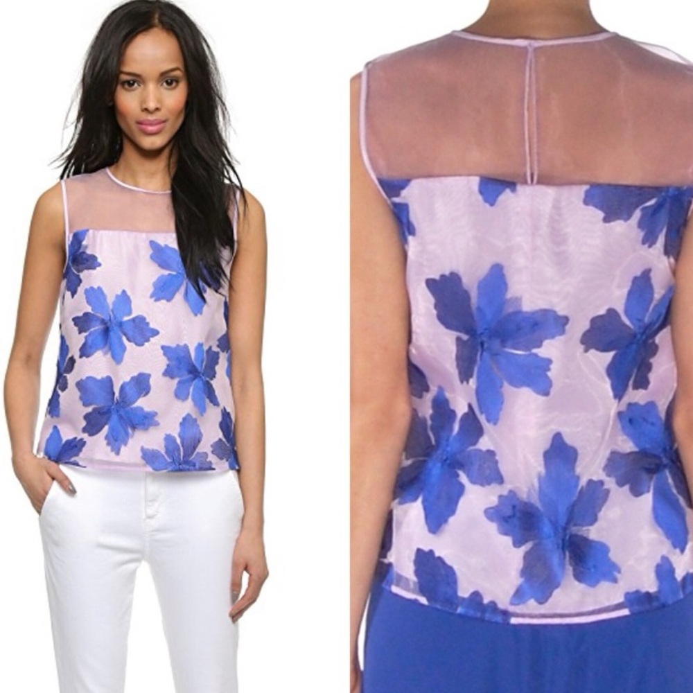 Rebecca Taylor Floral Embroidered Sheer Top Blouse Purple and Blue